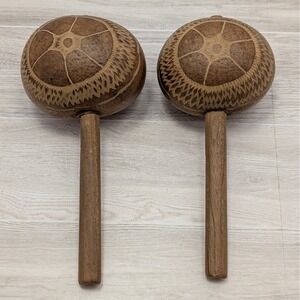 Hand Carved Wooden Gourd Maracas Musical Instrument Pair Ethnic Artisan Craft